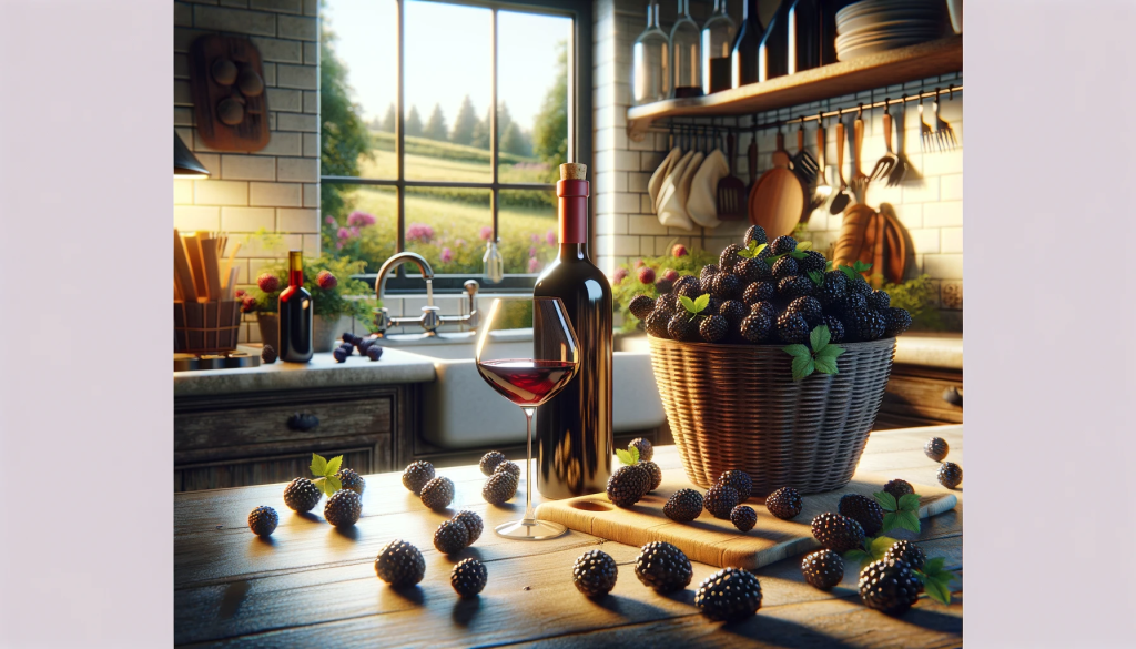 A basket of blackberries, a couple of empty wine bottles, and a glass of red wine, set against the warm ambiance of a kitchen and a serene pastoral view through the open window. This image captures the essence and joy of home wine making, centered on the raw ingredients and the delightful anticipation of the finished wine.