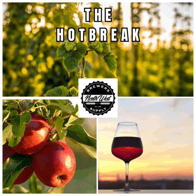 Photo collage of the Hotbreak Newsletter cover, featuring hops on the bine at sunset, apples on the tree, and red wine at sunset